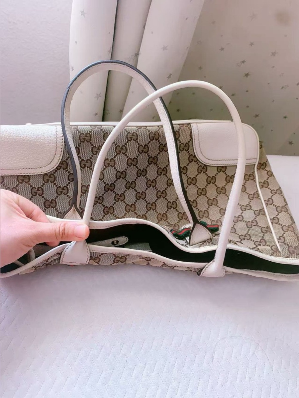 GUCCI GG Canvas Sherry Line Princy White Leather Tote Bag Shoulder Bag Authentic - Picture 11 of 14